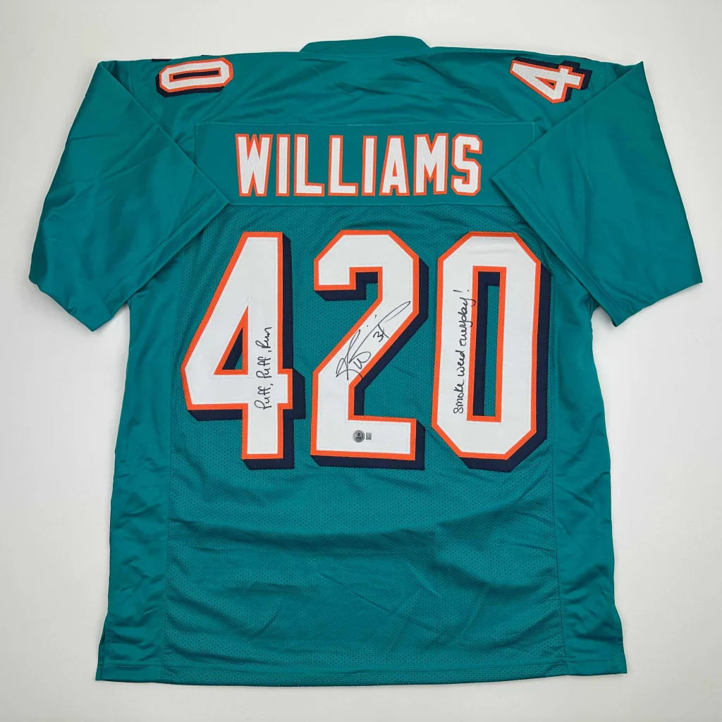 Autographed Ricky Williams Smoke Weed Everyday Puff Puff Run #420 Inscribed Miami Teal Football Jersey Beckett BAS COA | Hall of Fame Sports Memorabilia | vintageantiquesgifts.com