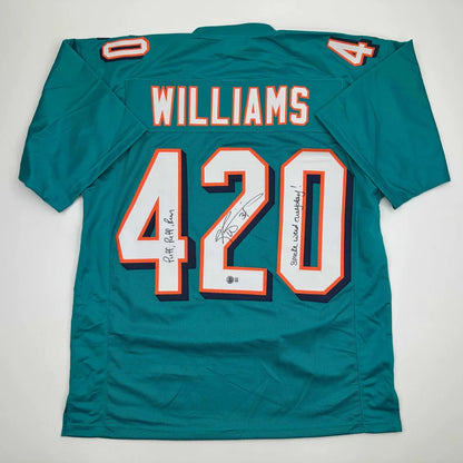 Autographed Ricky Williams Smoke Weed Everyday Puff Puff Run #420 Inscribed Miami Teal Football Jersey Beckett BAS COA | Hall of Fame Sports Memorabilia | vintageantiquesgifts.com