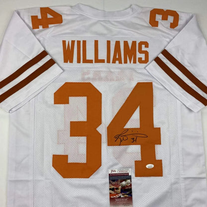 Back of autographed Ricky Williams white Texas Longhorns custom jersey number 34