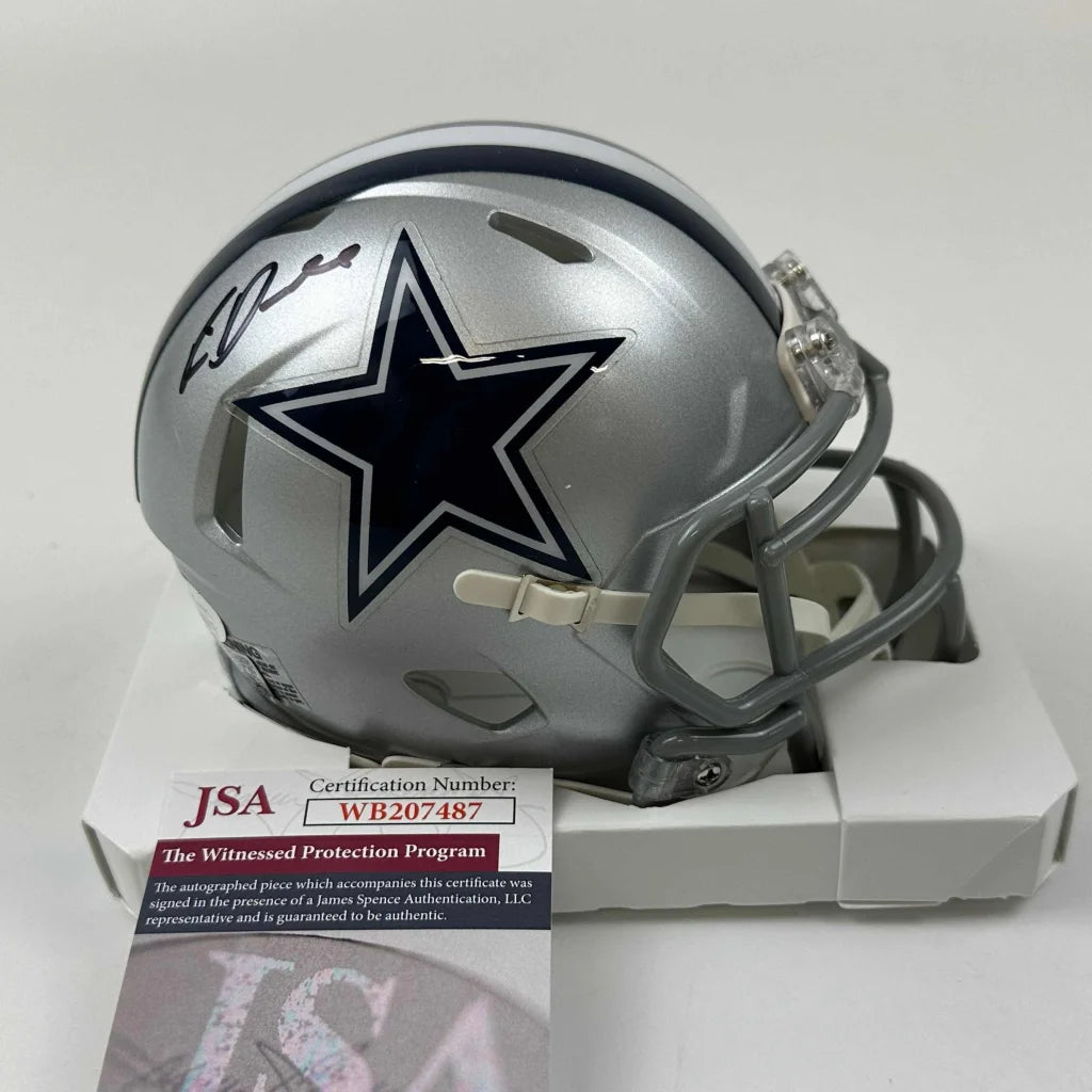 Silver Dallas Cowboys mini helmet with autograph and third party authentication display
