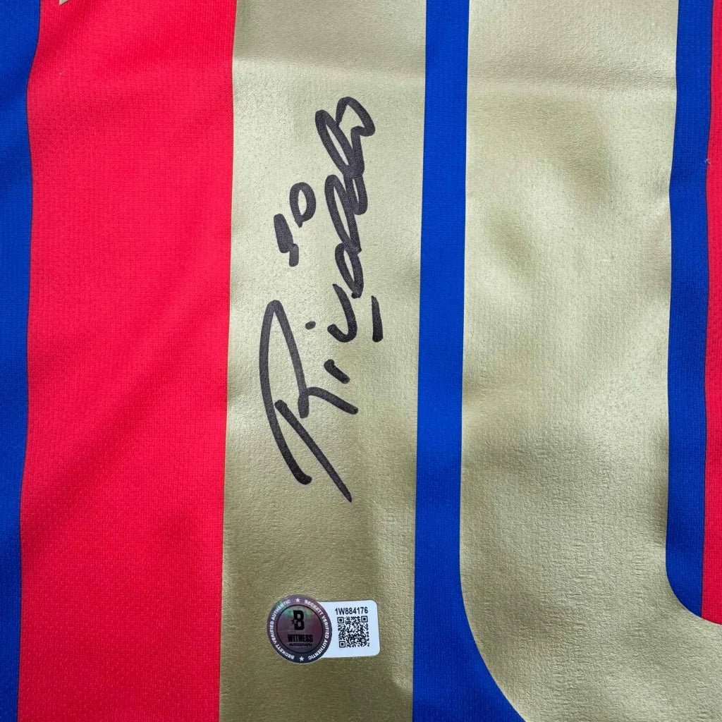 Signed Rivaldo FC Barcelona jersey with red blue gold stripes Beckett COA