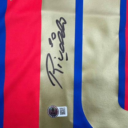 Signed Rivaldo FC Barcelona jersey with red blue gold stripes Beckett COA