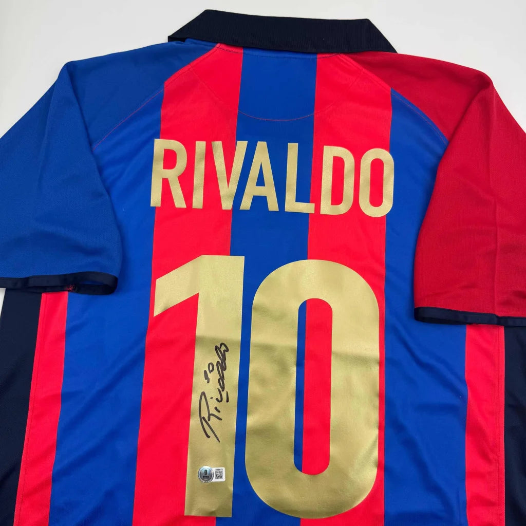 Autographed Rivaldo FC Barcelona blue jersey back, number 10, Beckett COA