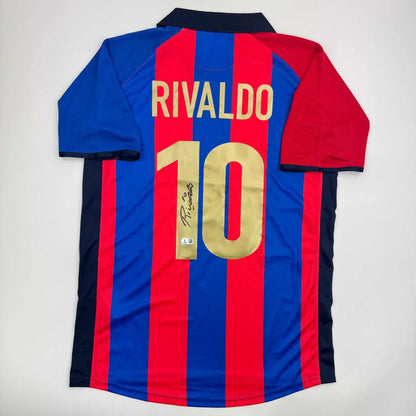 Signed Rivaldo FC Barcelona blue red striped jersey #10 back Beckett COA