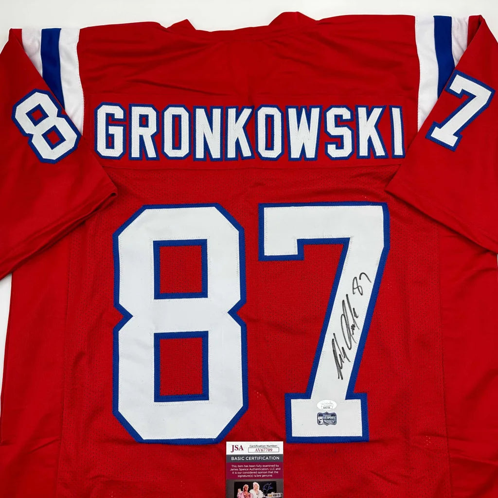 Autographed Rob Gronkowski red New England Patriots custom jersey, signed by Tom Brady, JSA COA