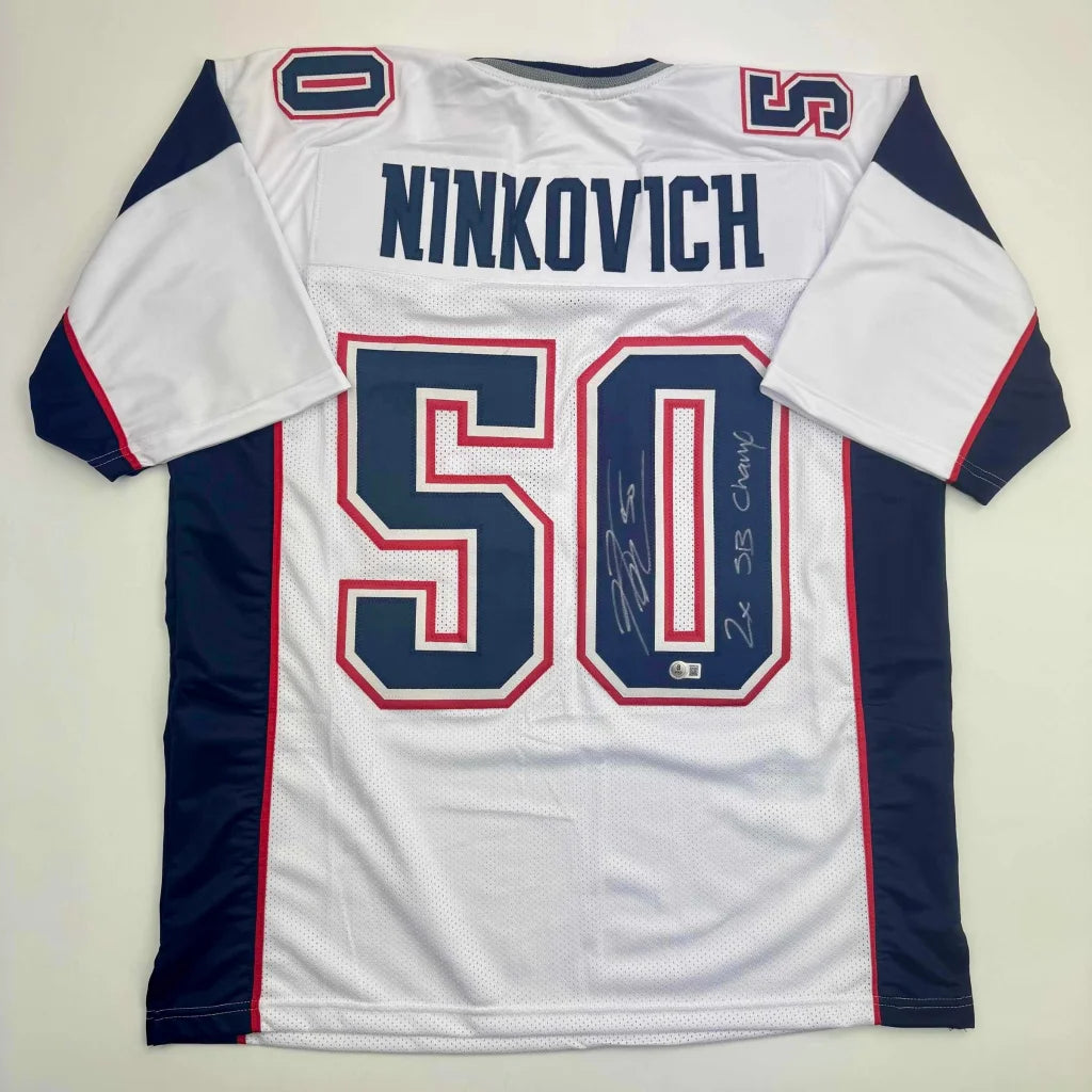Autographed Rob Ninkovich 2x SB Champ New England White Football Jersey Beckett BAS COA | Hall of Fame Sports Memorabilia | vintageantiquesgifts.com