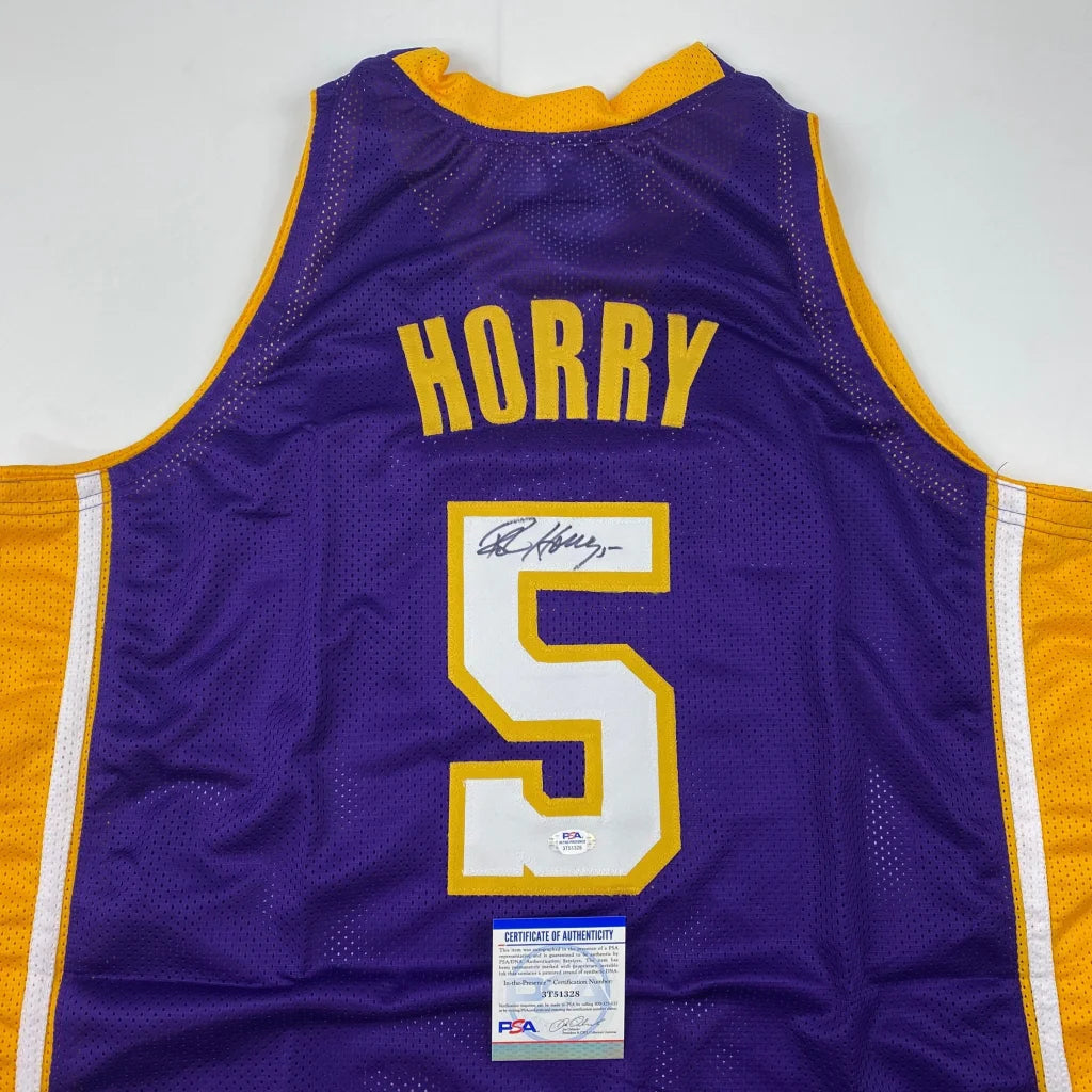 Autographed Robert Horry custom jersey in purple and gold, number 5, PSA/DNA COA