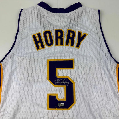 Autographed Robert Horry custom white mesh basketball jersey with navy blue and gold lettering, name Horry and number 5, professional sports league