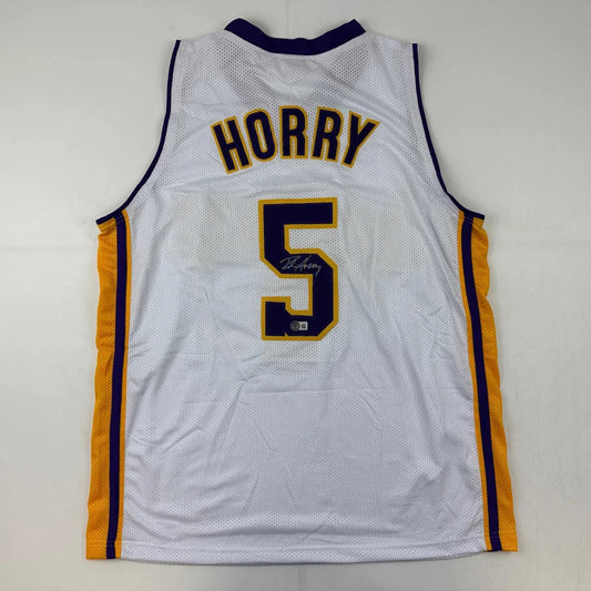 White Robert Horry custom jersey with autograph, purple gold trim, sports league collectible