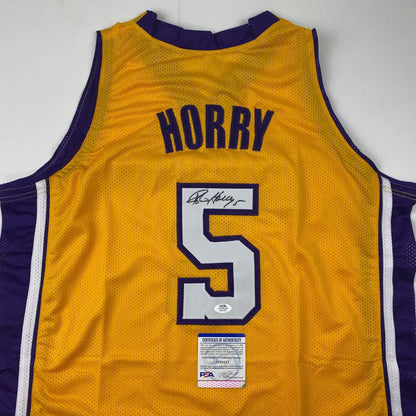 Autographed Robert Horry custom jersey in yellow with purple mesh, Horry 5 navy lettering, PSA/DNA COA