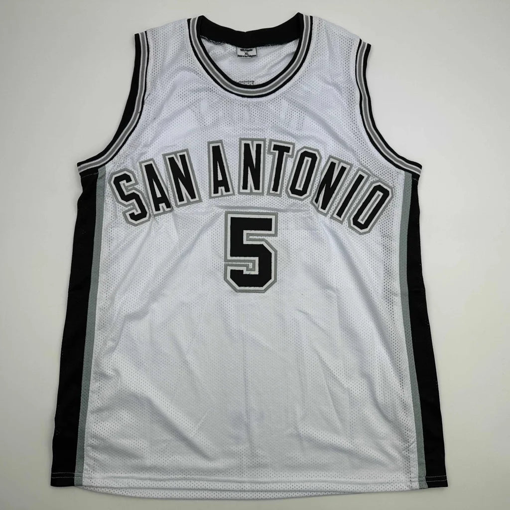 Autographed Robert Horry custom San Antonio Spurs white mesh basketball jersey with black trim and number 5, professional sports league collectible