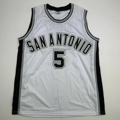 Autographed Robert Horry custom San Antonio Spurs white mesh basketball jersey with black trim and number 5, professional sports league collectible