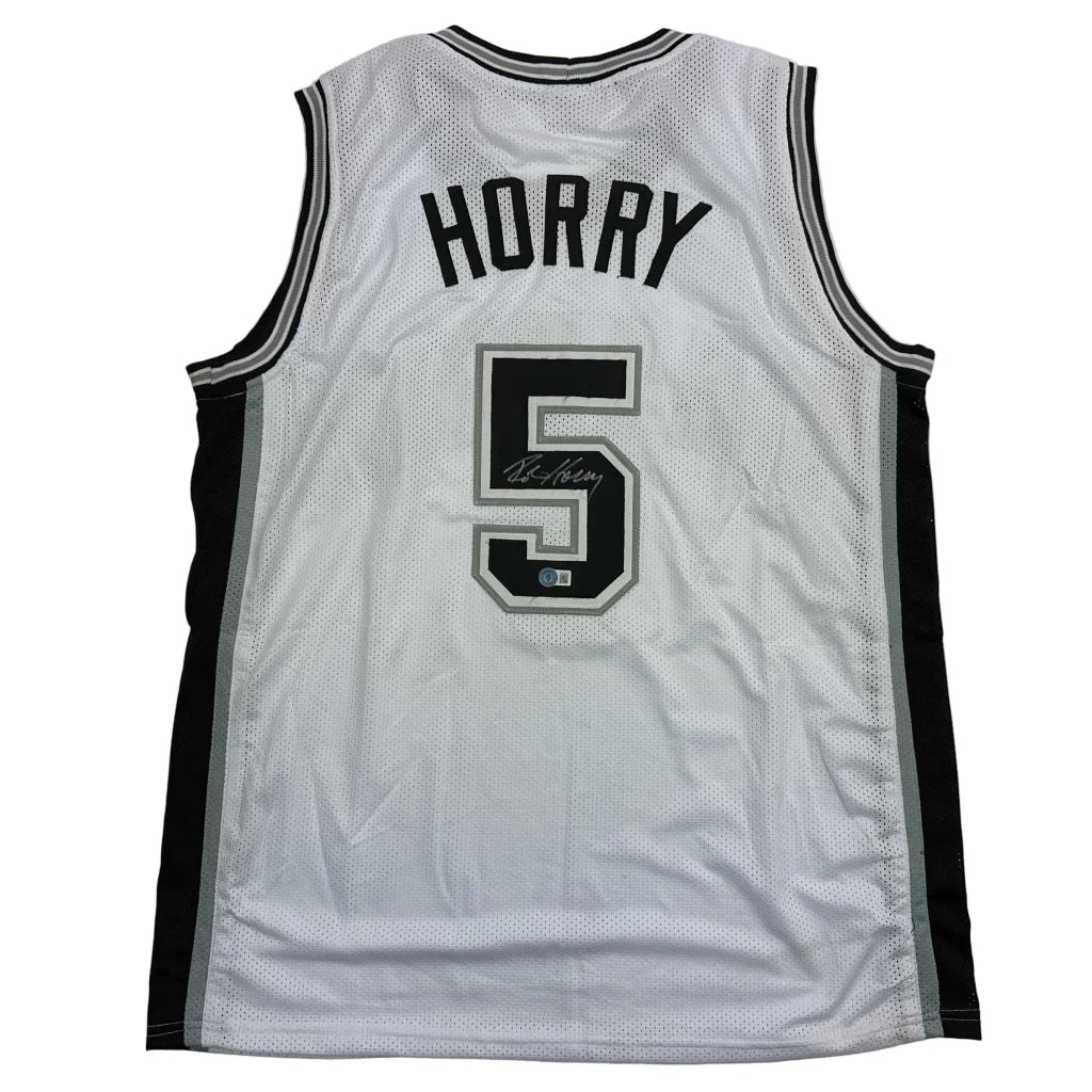 Autographed Robert Horry white custom jersey with black trim, number 5