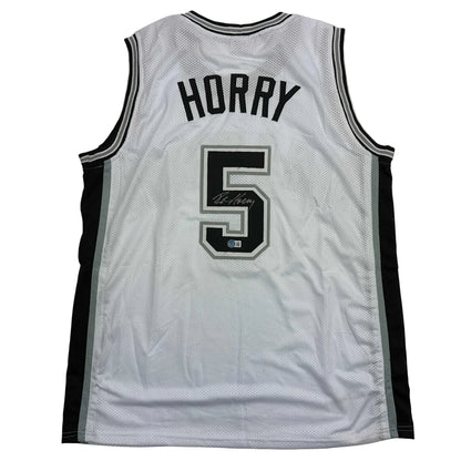 Autographed Robert Horry white custom jersey with black trim, number 5