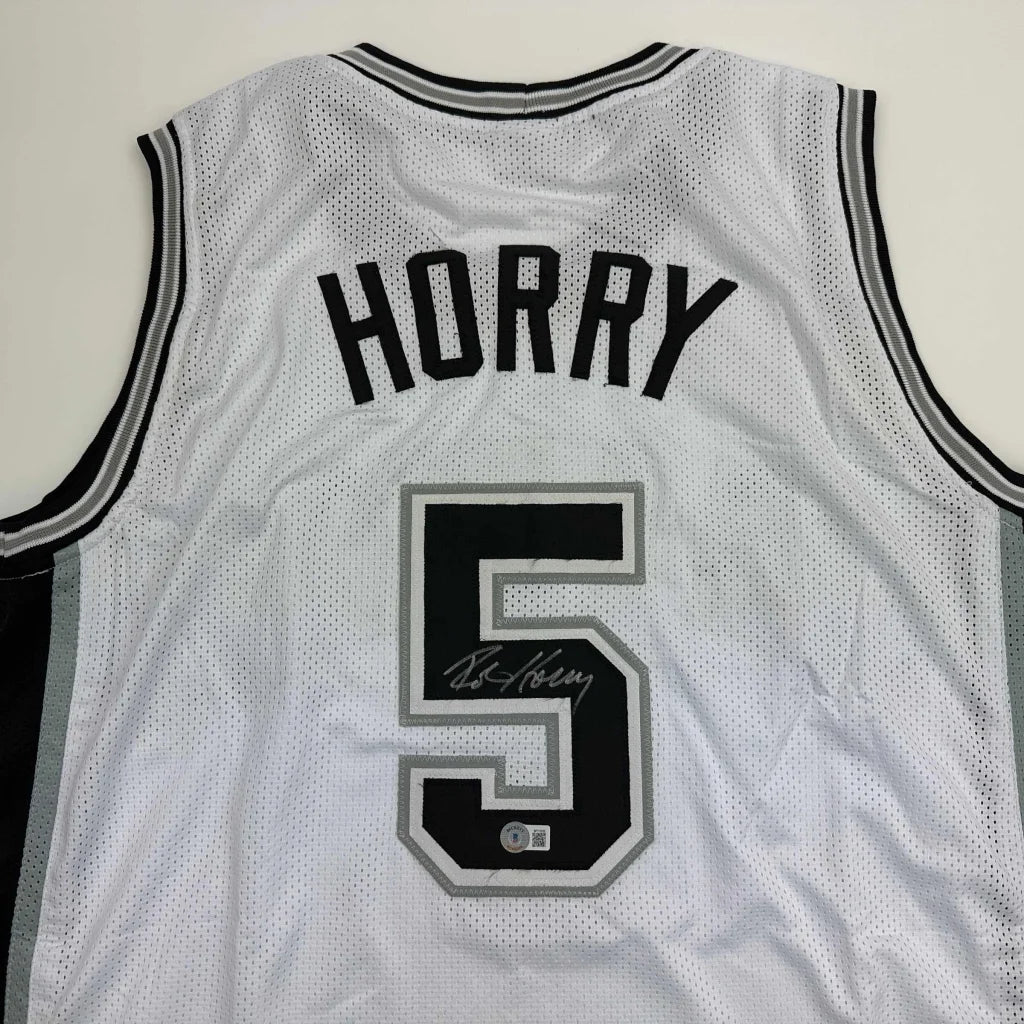 Autographed Robert Horry custom jersey in white with black trim, number 5