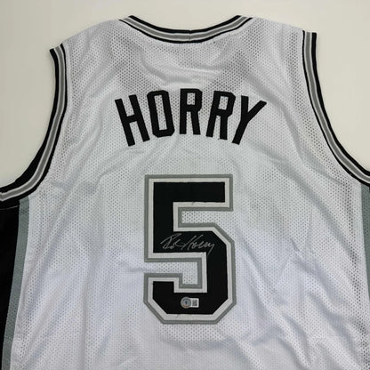 Autographed Robert Horry custom jersey in white with black trim, number 5