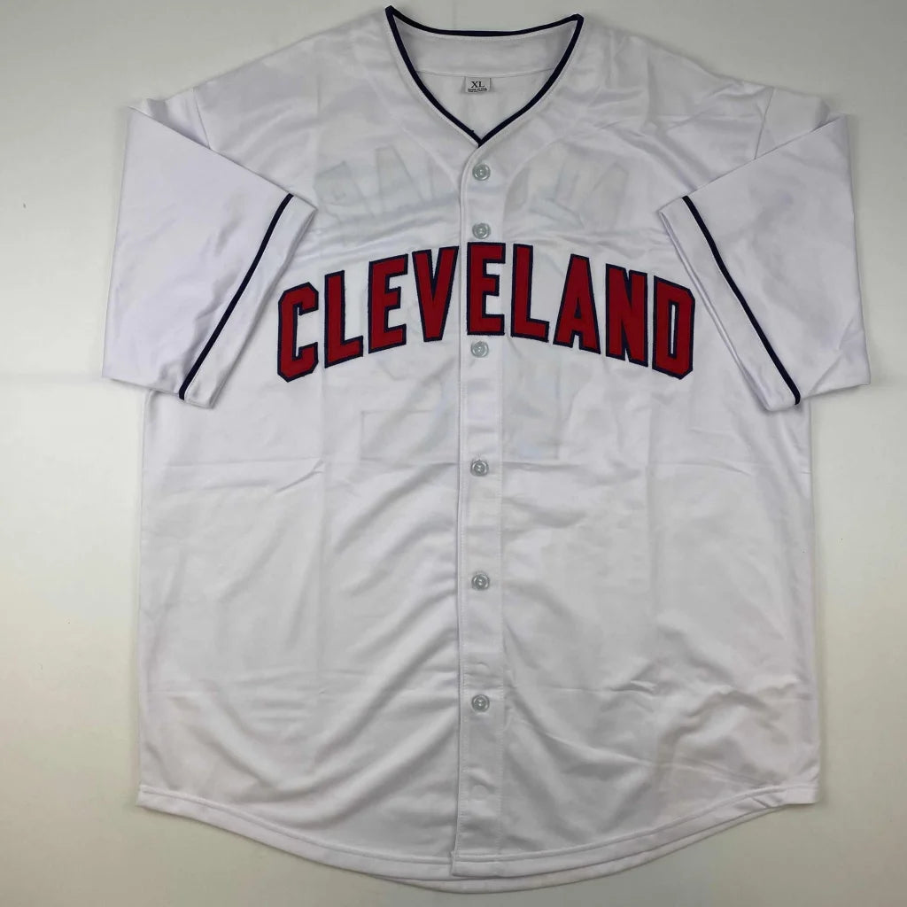White short-sleeved collared baseball jersey with CLEVELAND lettering for professional sports fans
