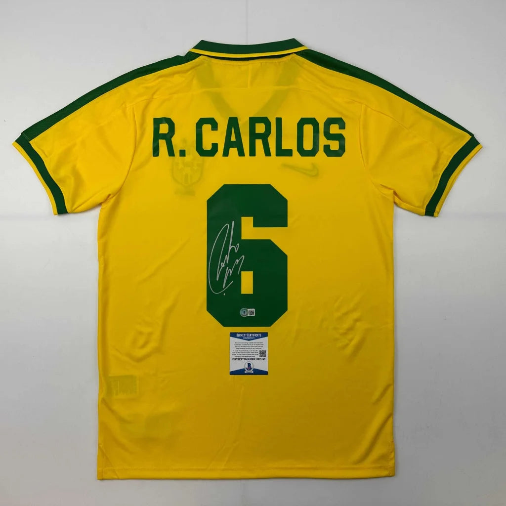 Autographed Roberto Carlos Brazil yellow retro custom jersey with R