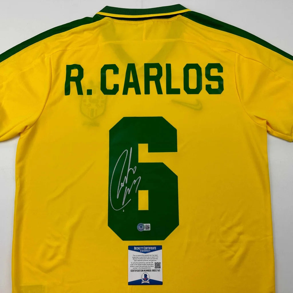 Autographed Roberto Carlos Brazil yellow retro soccer jersey with R signature, Beckett BAS COA