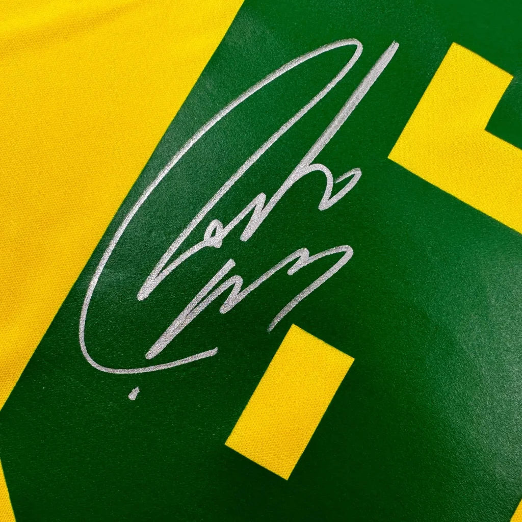 Autographed Roberto Carlos Brazil yellow retro soccer jersey, custom professional sports league jersey