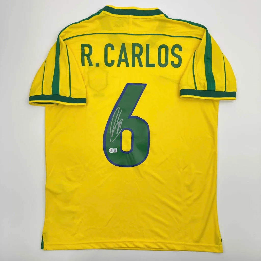 Autographed Roberto Carlos Brazil yellow soccer jersey with green trim and R name, Beckett BAS COA