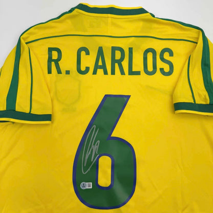 Autographed Roberto Carlos Brazil yellow soccer jersey with R. Beckett BAS COA