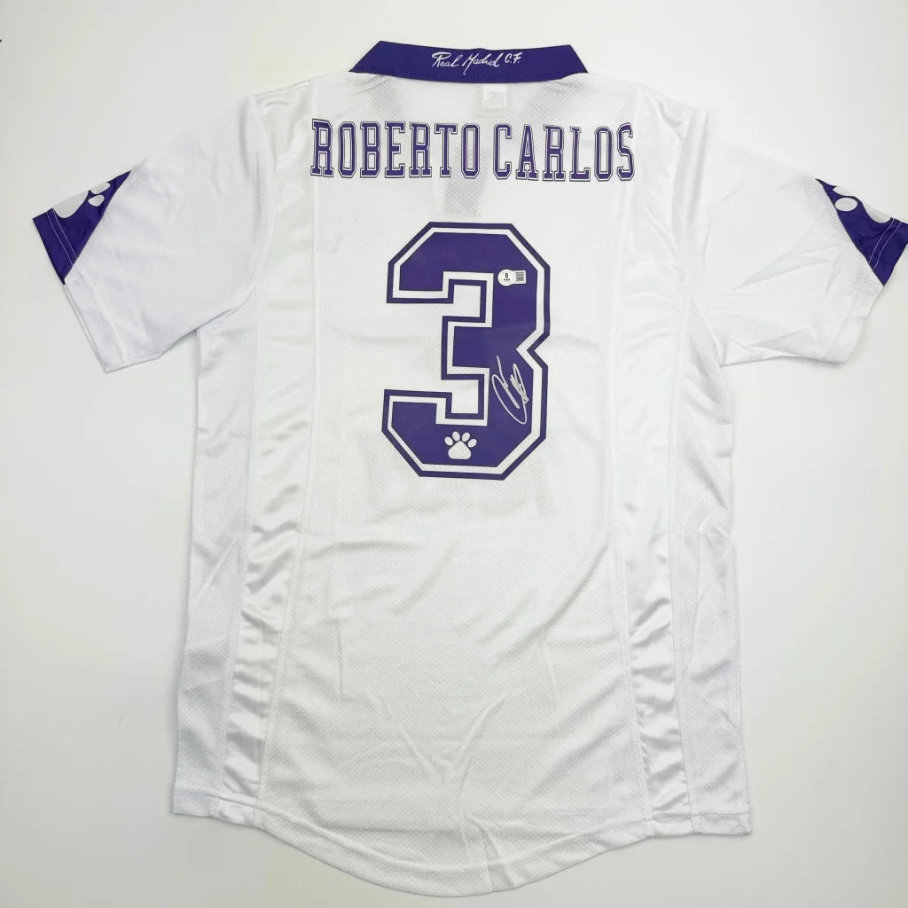 Autographed Roberto Carlos Real Madrid white custom jersey with purple accents, number 3