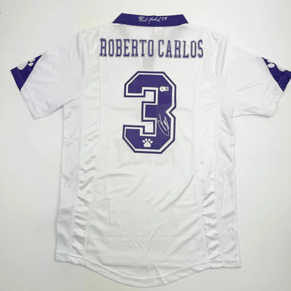 Autographed Roberto Carlos Real Madrid white custom jersey with purple accents, number 3
