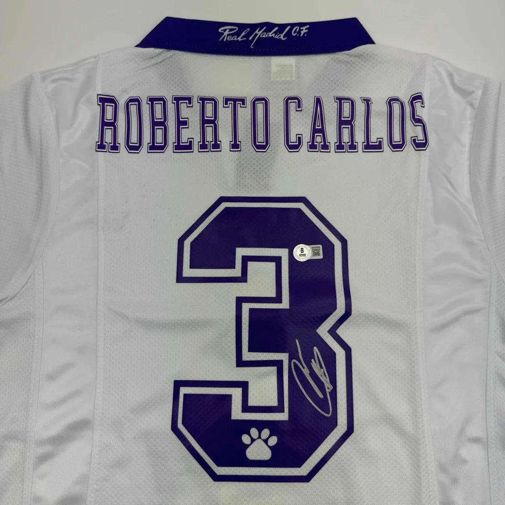 Autographed Roberto Carlos Real Madrid white custom jersey with Beckett COA