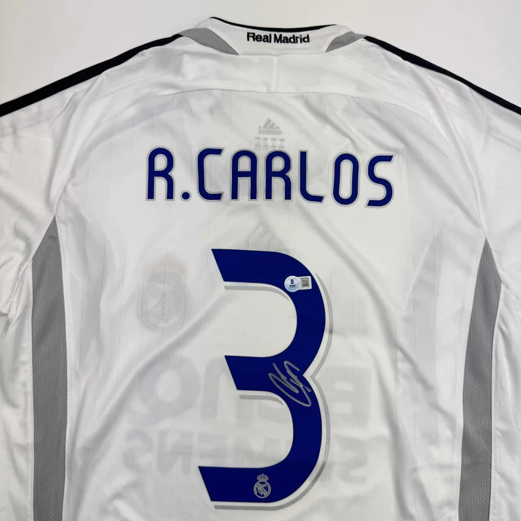 Autographed Roberto Carlos Real Madrid White Soccer Jersey Beckett BAS COA | Certified Authentic Signed Memorabilia | vintageantiquesgifts.com