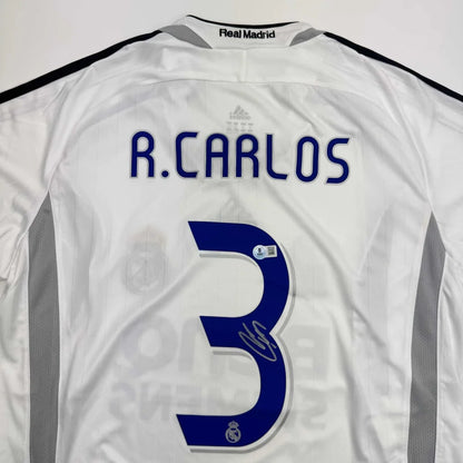 Autographed Roberto Carlos Real Madrid White Soccer Jersey Beckett BAS COA | Certified Authentic Signed Memorabilia | vintageantiquesgifts.com