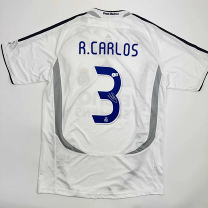 Autographed Roberto Carlos Real Madrid White Soccer Jersey Beckett BAS COA | Hall of Fame Sports Memorabilia | vintageantiquesgifts.com