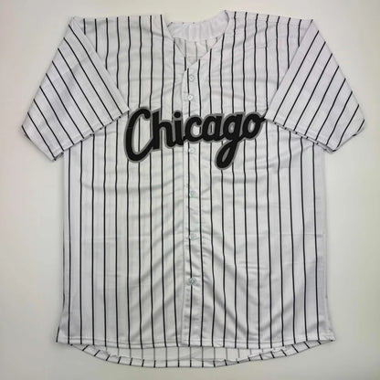 White and black pinstriped custom jersey with Chicago script for professional sports fans