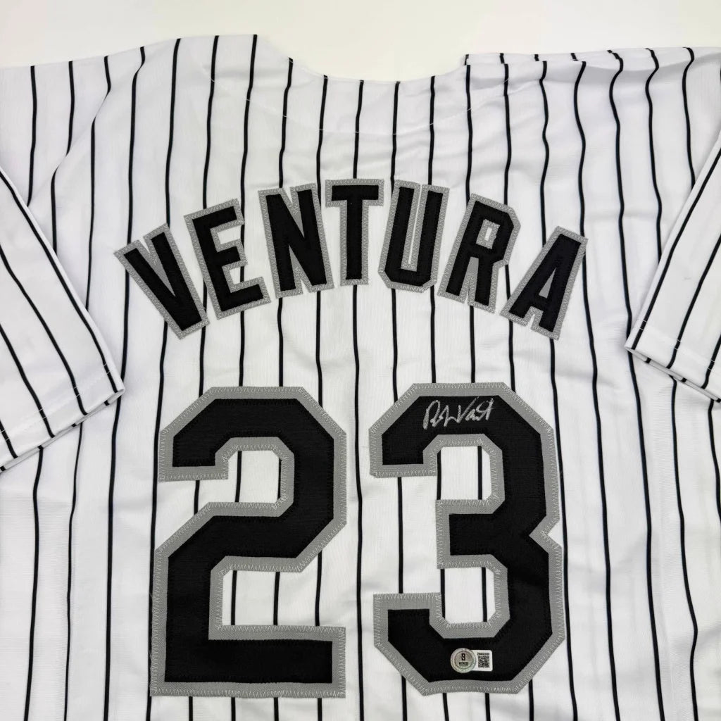 White pinstriped custom jersey with VENTURA 23 for professional sports fans