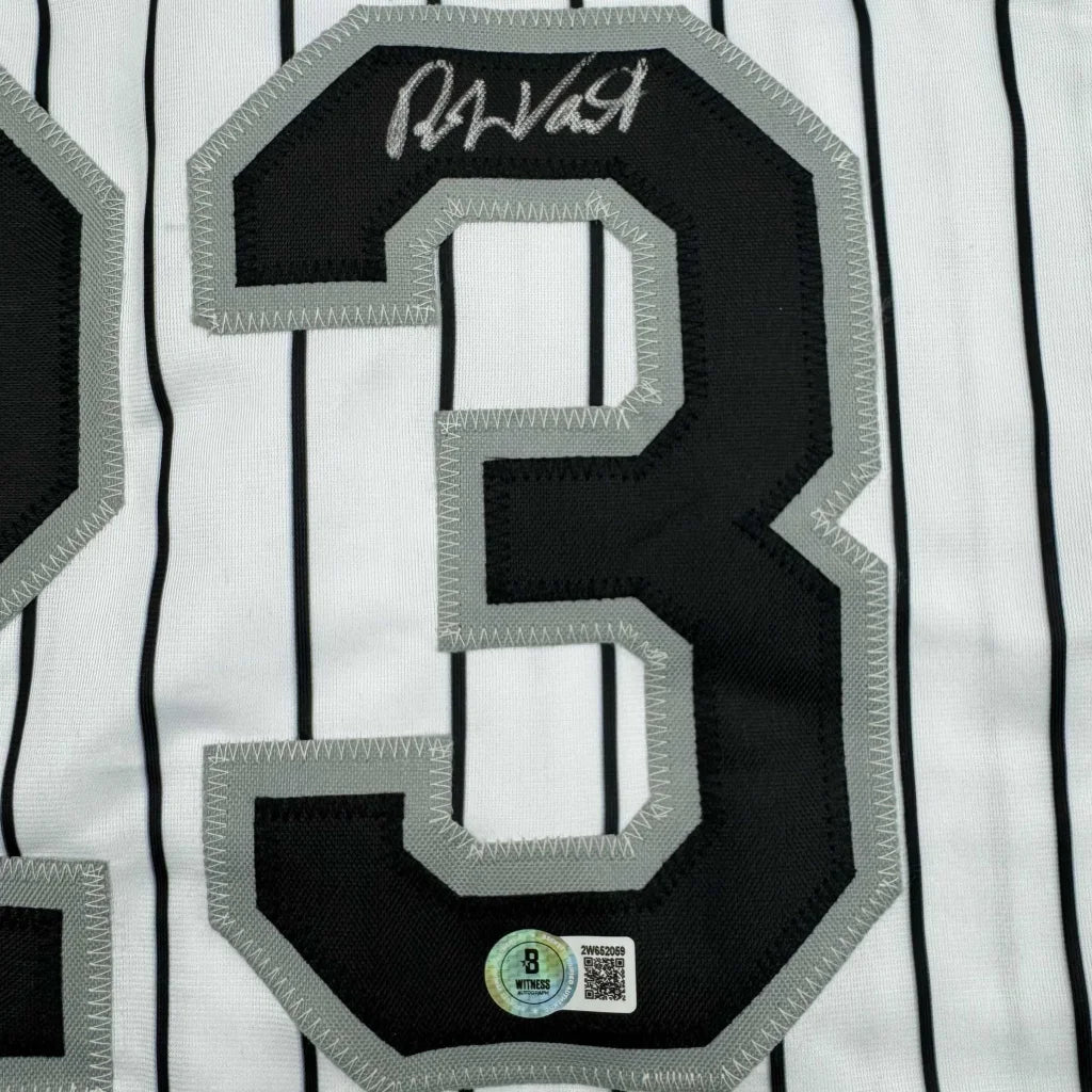 White pinstriped custom jersey with black number 3 and silver trim signed for professional sports collectors