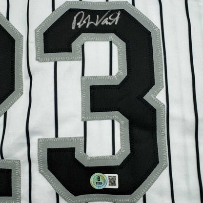 White pinstriped custom jersey with black number 3 and silver trim signed for professional sports collectors