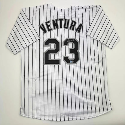 White pinstriped custom jersey with VENTURA 23 for baseball fans and pro sports collectors