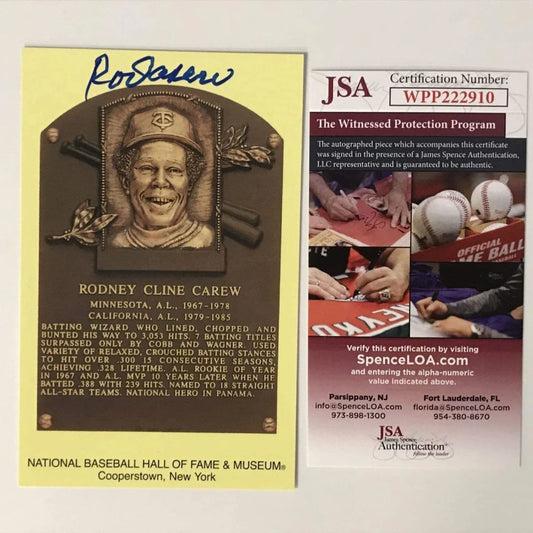 Autographed Rodney Carew Hall of Fame card with third party authentication JSA logo