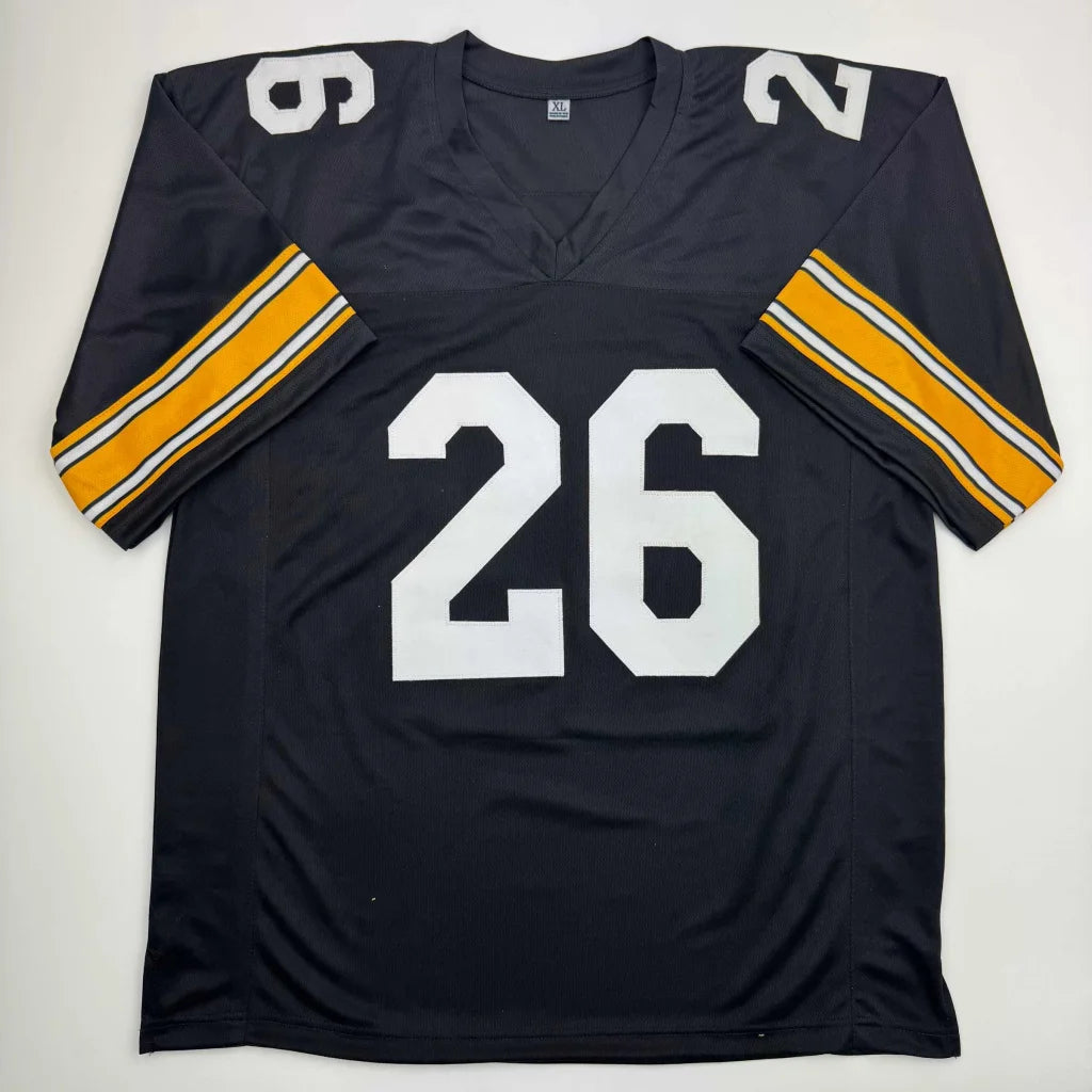 Black football jersey with white 26 and gold striped sleeves from Authentic Woodson 26 custom jersey in professional sports league