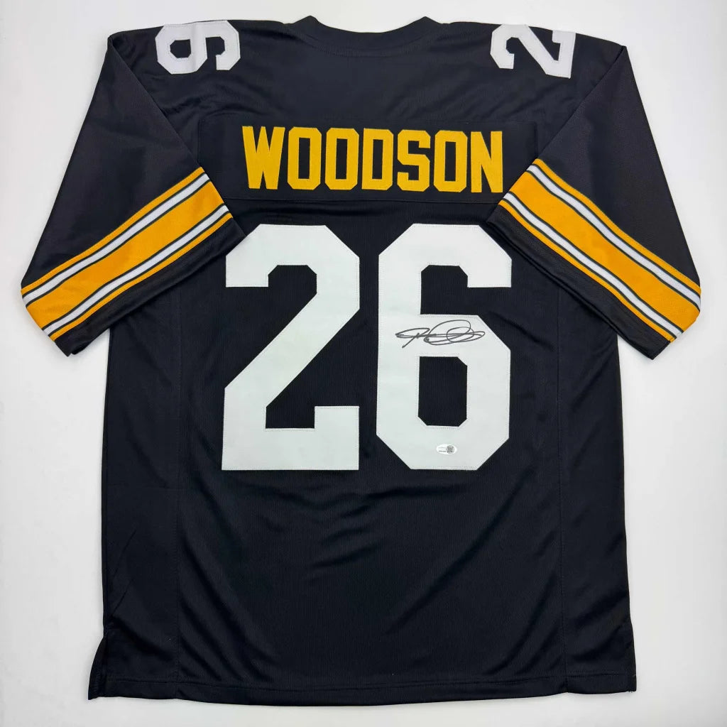 Black professional sports league custom jersey with Woodson 26 and autograph on back