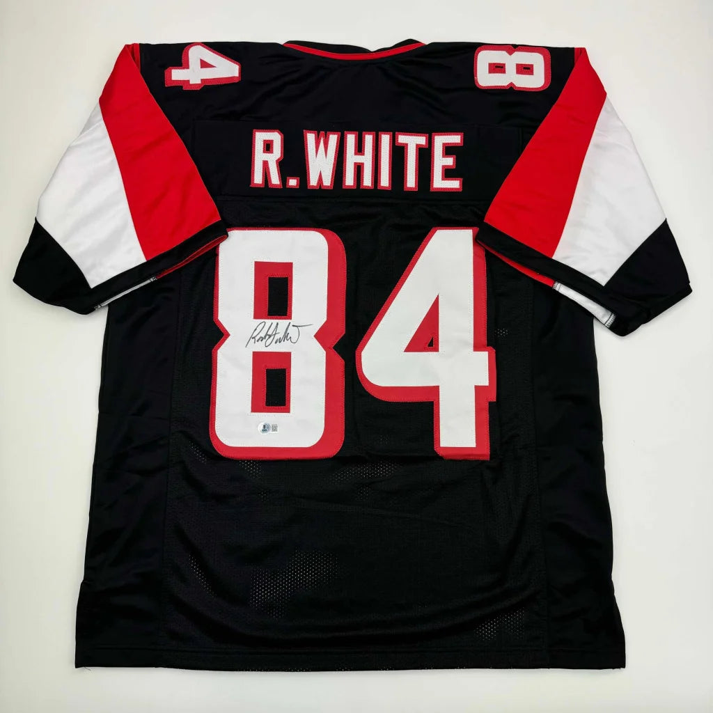 Black athletic custom jersey with red and white accents, signed Roddy White Atlanta with Beckett BAS COA