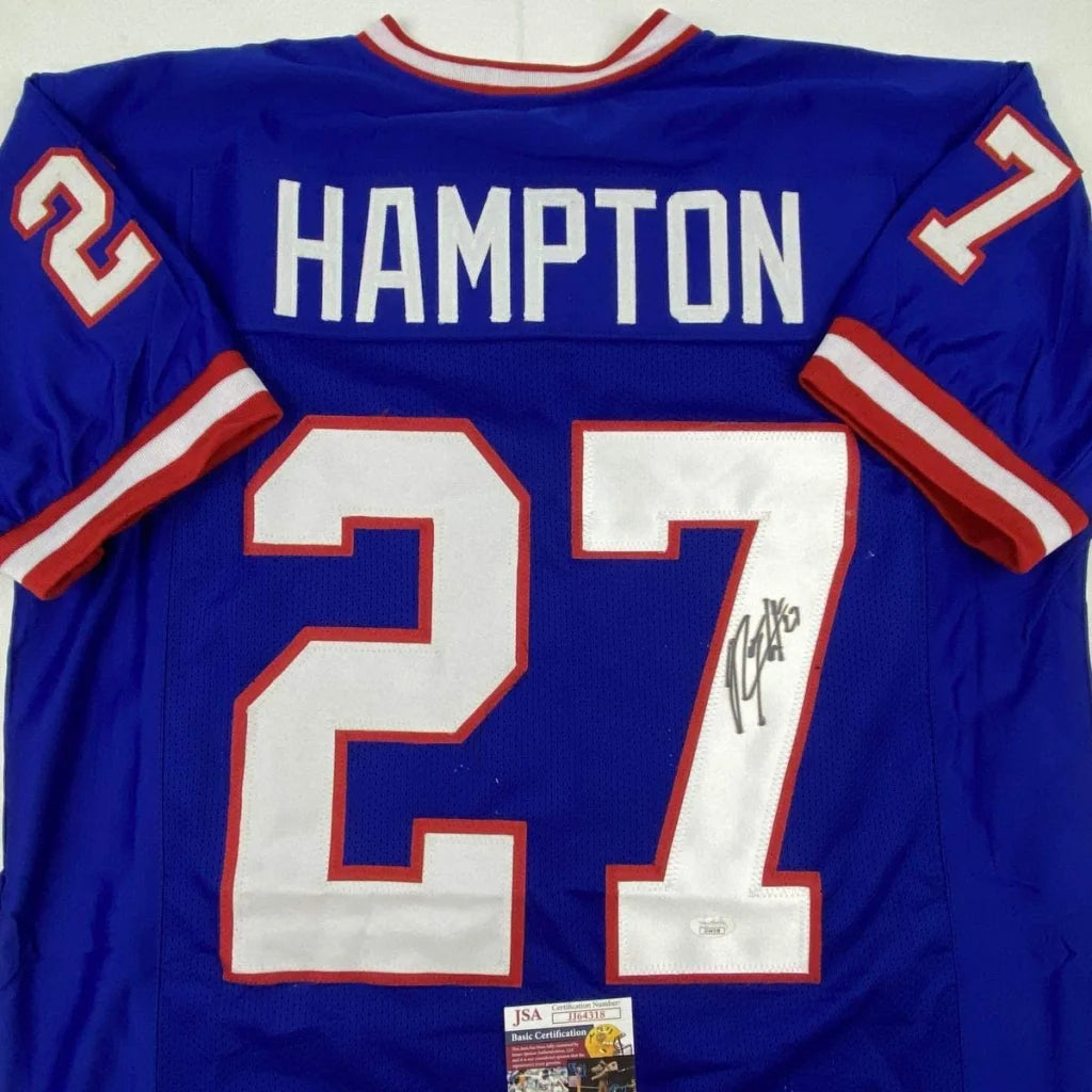 Autographed Rodney Hampton New York Blue Football Jersey JSA COA | Certified Authentic Signed Memorabilia | vintageantiquesgifts.com