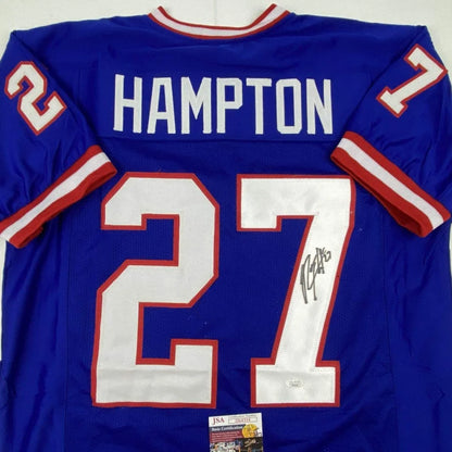Autographed Rodney Hampton New York Blue Football Jersey JSA COA | Certified Authentic Signed Memorabilia | vintageantiquesgifts.com