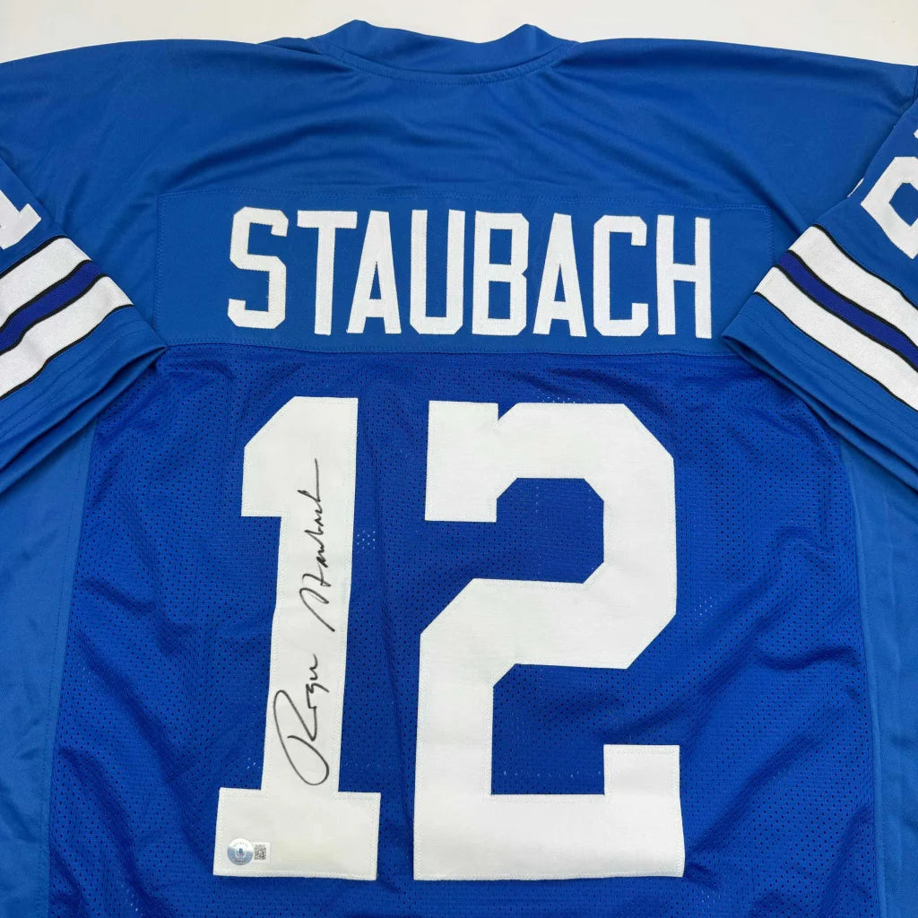 Autographed Roger Staubach custom Dallas blue jersey back, number 12