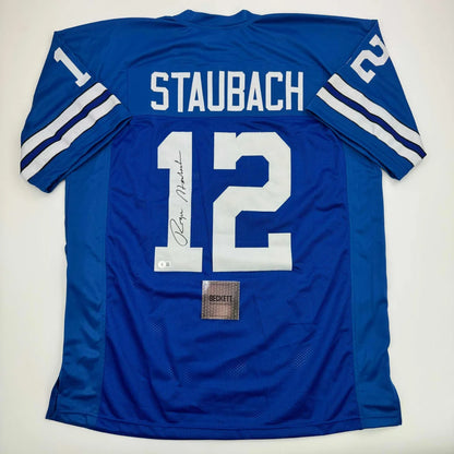 Back of autographed Roger Staubach custom Dallas blue jersey number 12