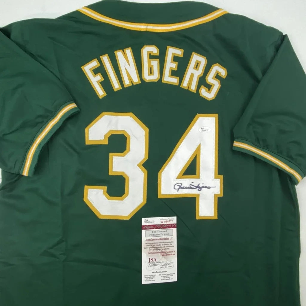 Autographed Rollie Fingers Oakland Green Baseball Jersey JSA COA | Certified Authentic Signed Memorabilia | vintageantiquesgifts.com