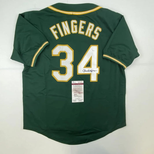 Autographed Rollie Fingers Oakland Green Baseball Jersey JSA COA | Hall of Fame Sports Memorabilia | vintageantiquesgifts.com