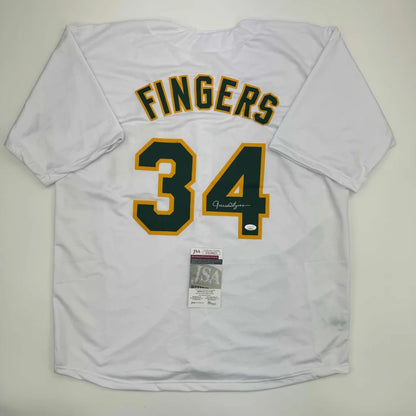 Autographed Rollie Fingers Oakland White Baseball Jersey JSA COA | Hall of Fame Sports Memorabilia | vintageantiquesgifts.com