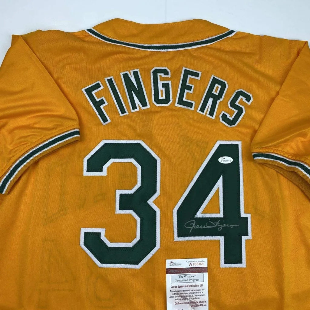 Autographed Rollie Fingers Oakland Yellow Baseball Jersey JSA COA | Certified Authentic Signed Memorabilia | vintageantiquesgifts.com
