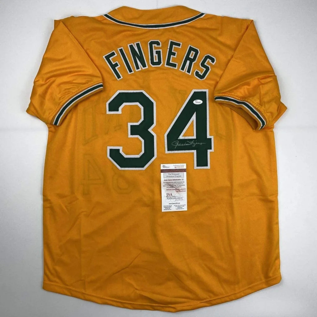 Autographed Rollie Fingers Oakland Yellow Baseball Jersey JSA COA | Hall of Fame Sports Memorabilia | vintageantiquesgifts.com